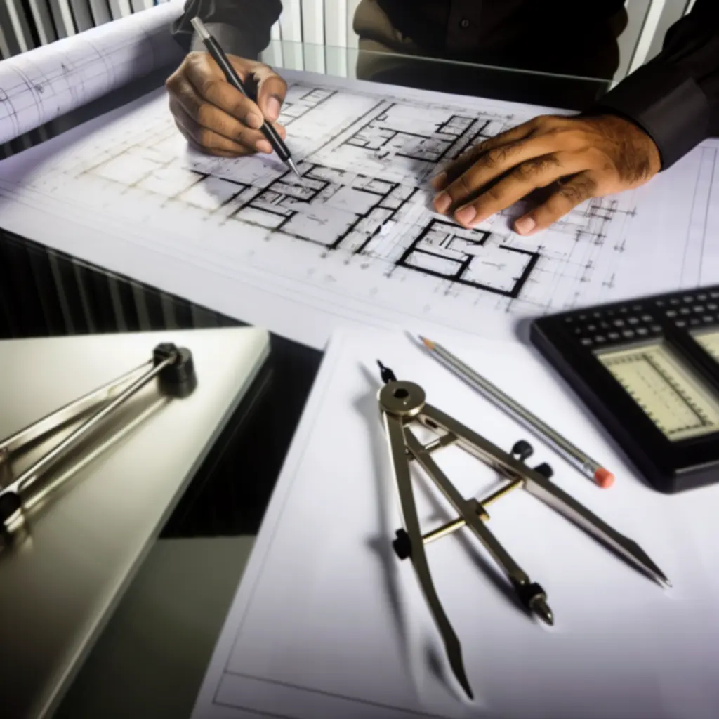 Detal techniczny rysunku architektonicznego w formie niebieskiego planu.