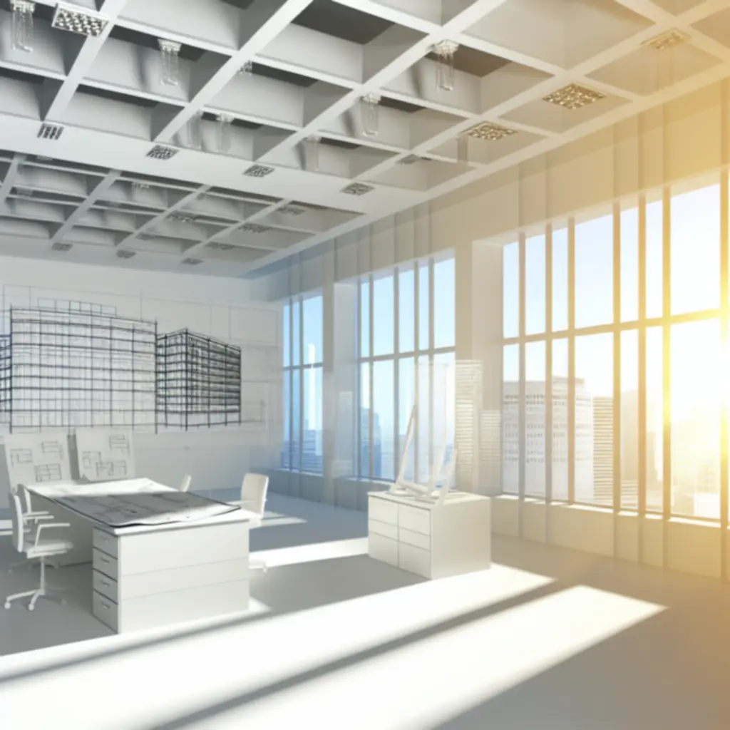 Współczesny budynek i rysunki architektoniczne na tle ciemnego, technicznego motywu.