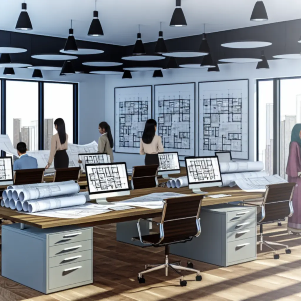 Nowoczesne biuro projektowe z planami architektonicznymi na biurku