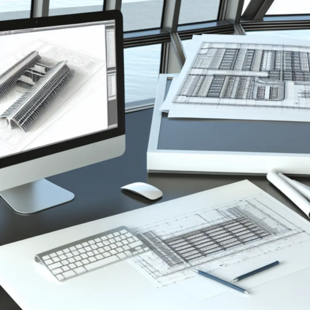Plan techniczny wyświetlany na ekranie komputera w biurze projektowym
