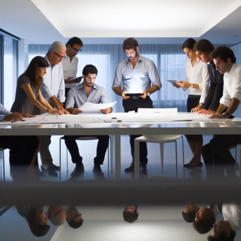 Zespół projektantów omawiający rysunki architektoniczne przy dużym stole.